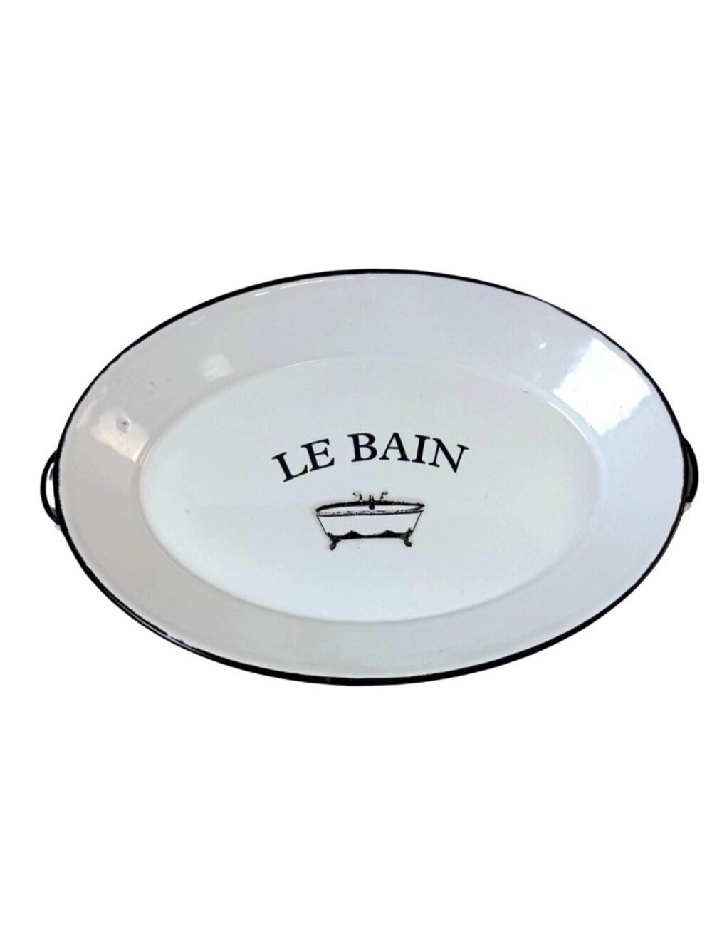 Vintage Style "Le Bain" White Enamel Oval Tray Handles French Country hanging